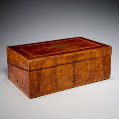19th C. English Victorian Brass-Inlaid Burlwood Writing Desk with Inkwells