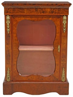 19th C. English Victorian Burlwood Glazed Glass Door Pier Cabinet Hall Console