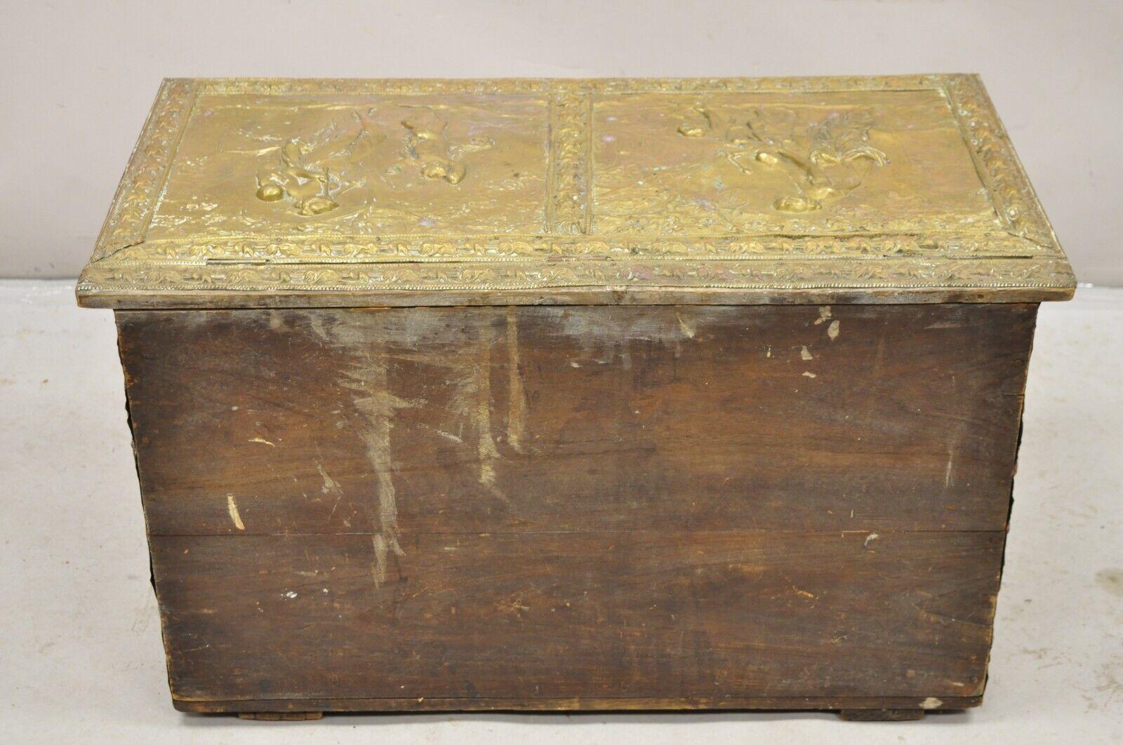 19th C. English Victorian Figural Repousse Brass Clad Coal Bin Storage Chest For Sale 7