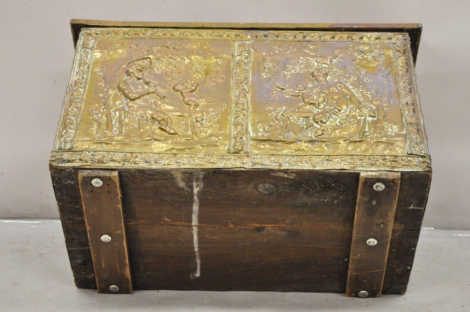 19th C. English Victorian Figural Repousse Brass Clad Coal Bin Storage Chest For Sale 8