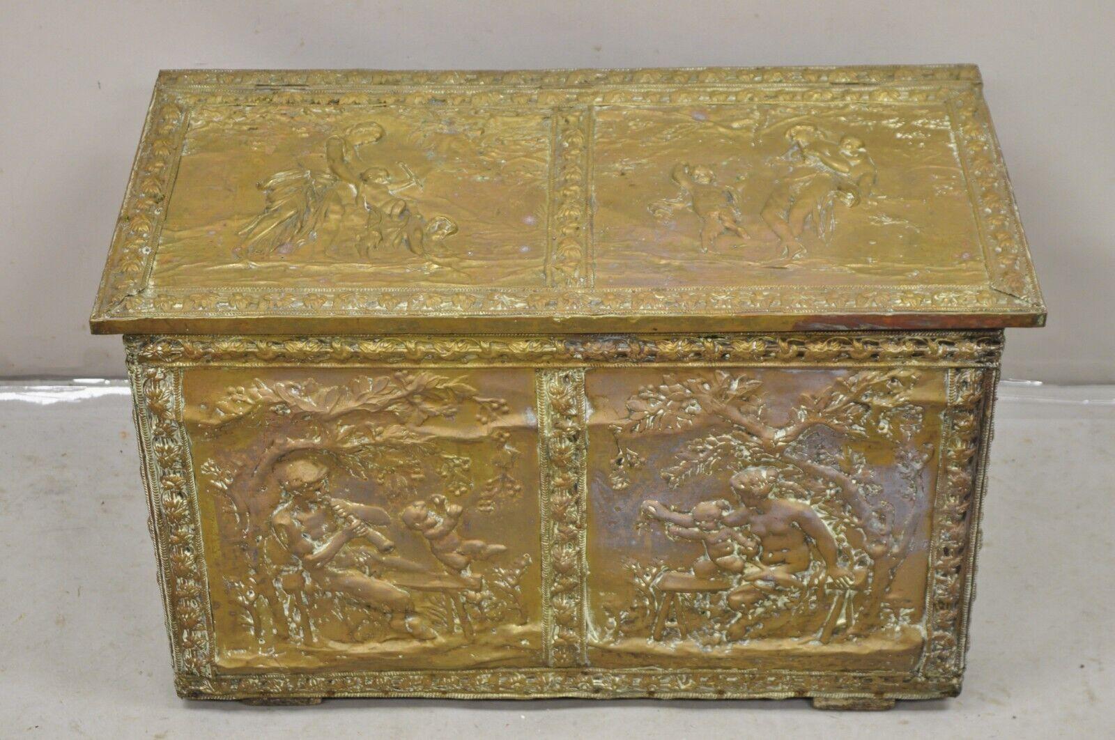 19th C. English Victorian Figural Repousse Brass Clad Coal Bin Storage Chest. Item features Various repousse scenes throughout, wooden case, very nice antique item. Circa 19th Century. Measurements: 19