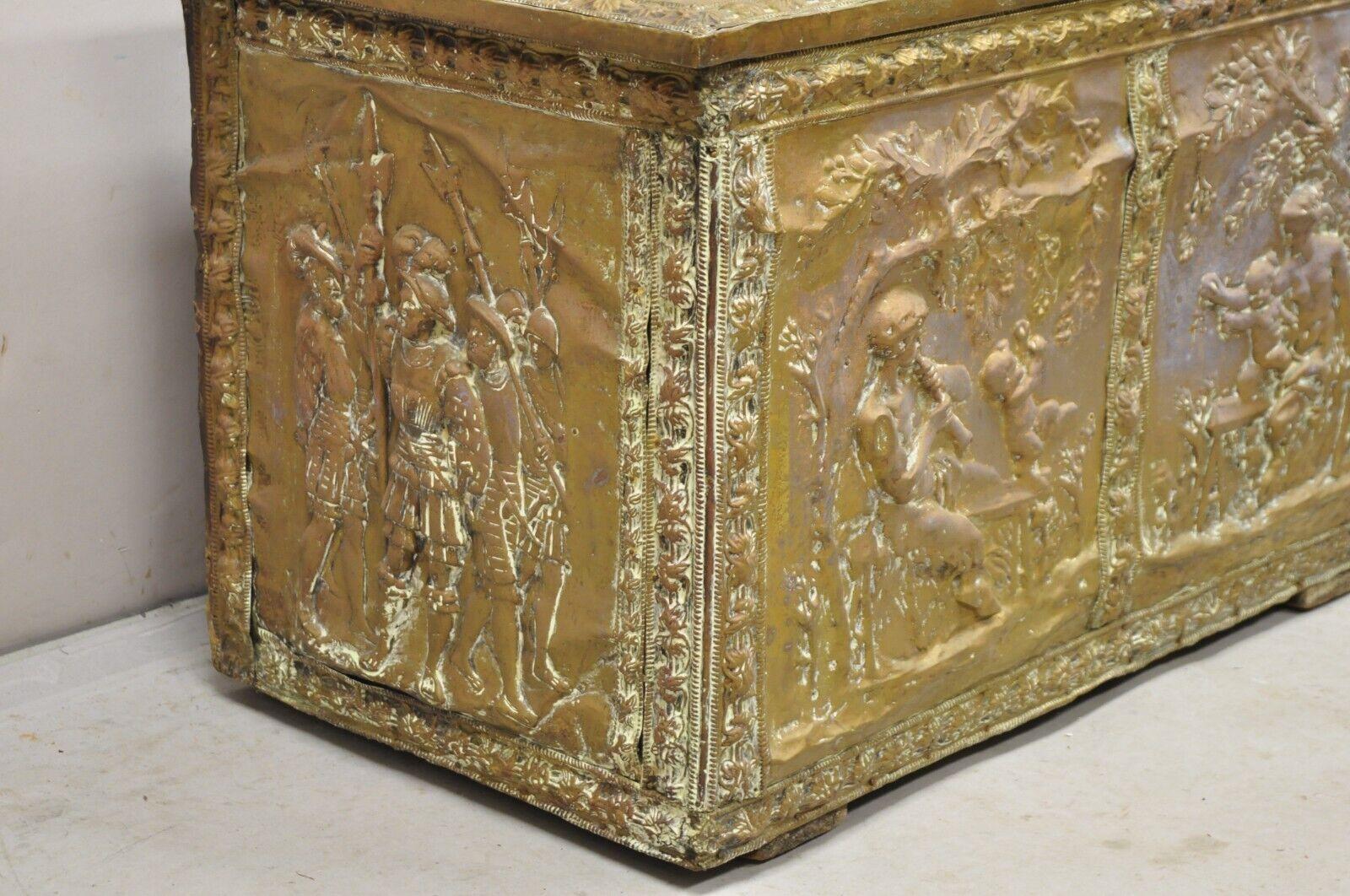 19th C. English Victorian Figural Repousse Brass Clad Coal Bin Storage Chest For Sale 3