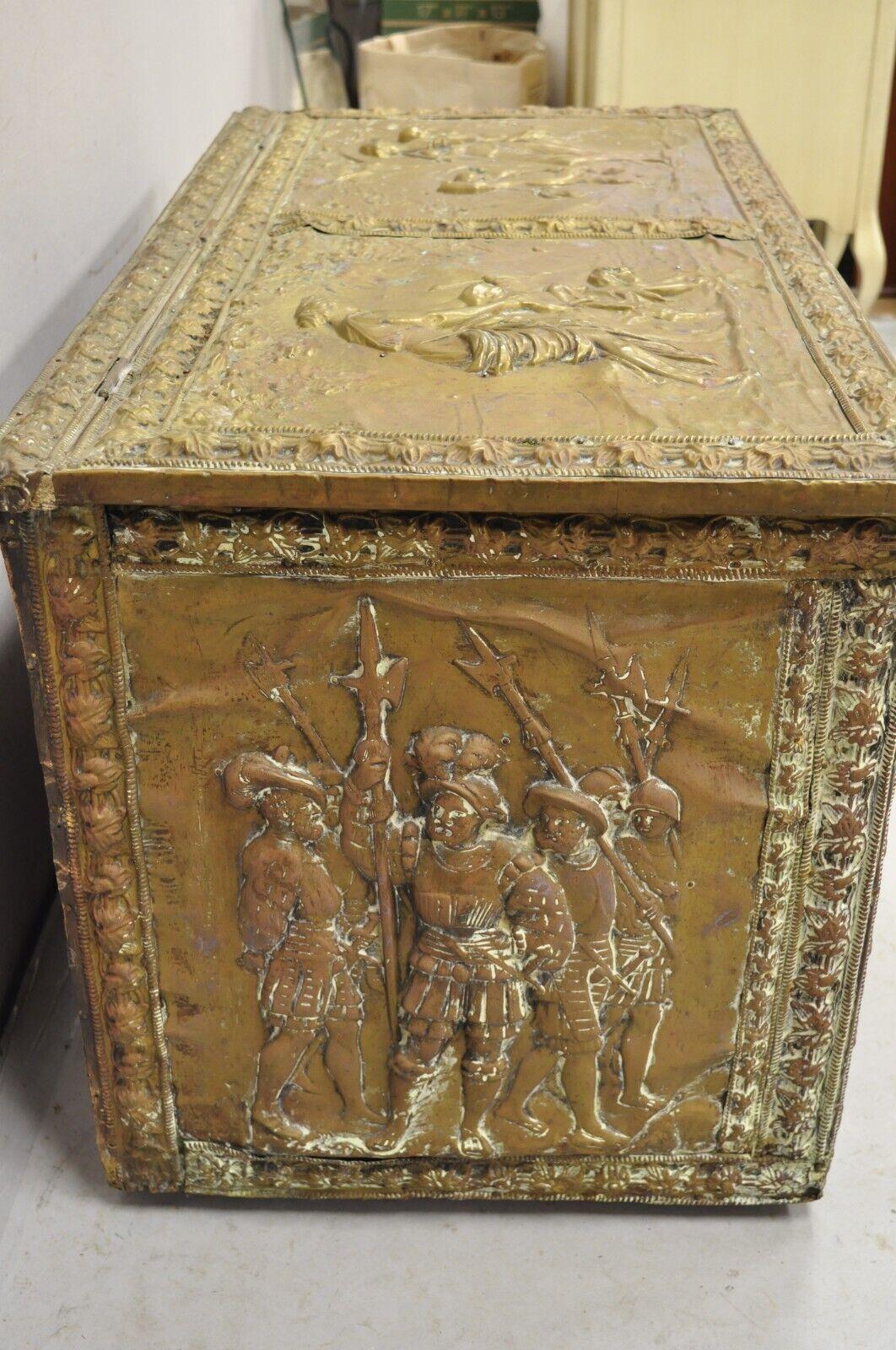 19th C. English Victorian Figural Repousse Brass Clad Coal Bin Storage Chest For Sale 4