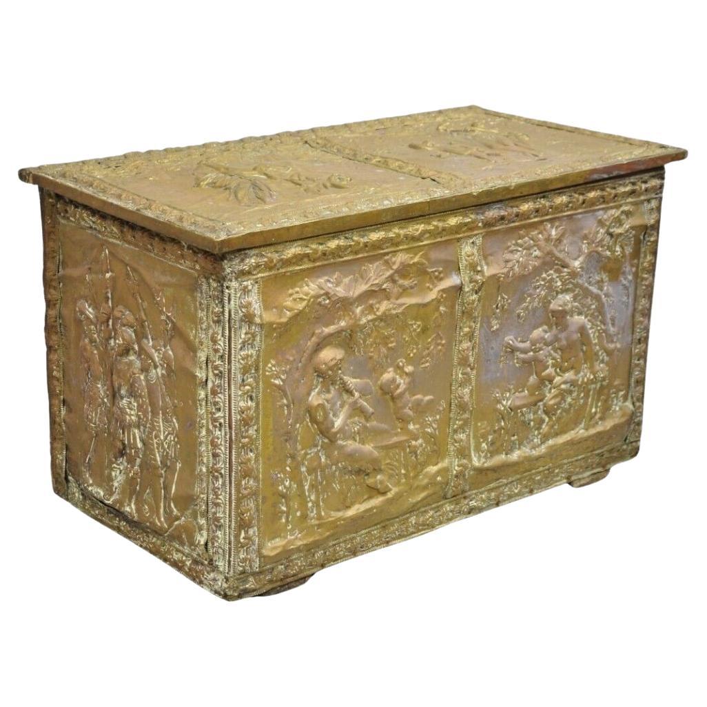 19th C. English Victorian Figural Repousse Brass Clad Coal Bin Storage Chest For Sale