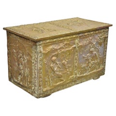 Antique 19th C. English Victorian Figural Repousse Brass Clad Coal Bin Storage Chest