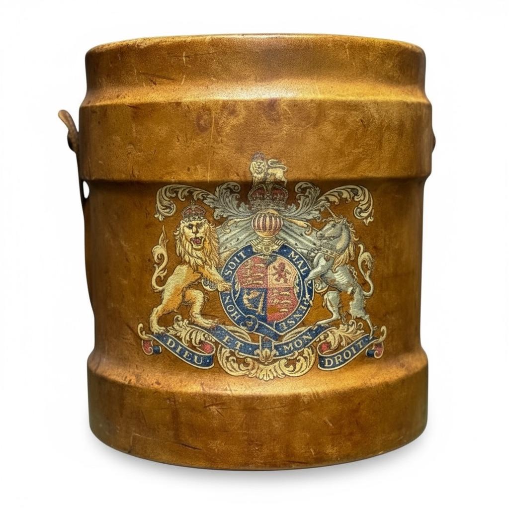 Si tratta di un secchio per cordite inglese in grande scala, utilizzato per trasportare la cordite per la Royal Navy. Ha un bellissimo stemma sul davanti. Il cinturino e il corpo presentano alcuni segni di usura dovuti all'età.
