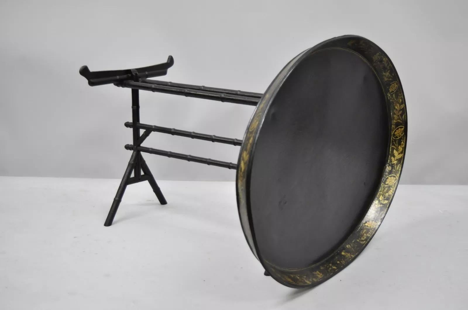 Unknown 19th C. English Victorian Leather Tole Tray Coffee Table on Faux Bamboo Base For Sale
