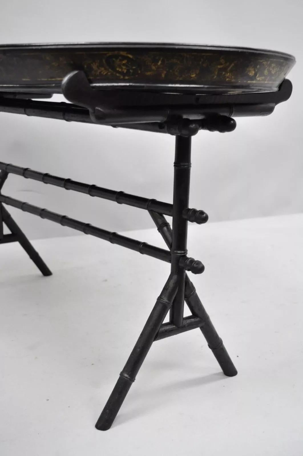 19th Century 19th C. English Victorian Leather Tole Tray Coffee Table on Faux Bamboo Base For Sale