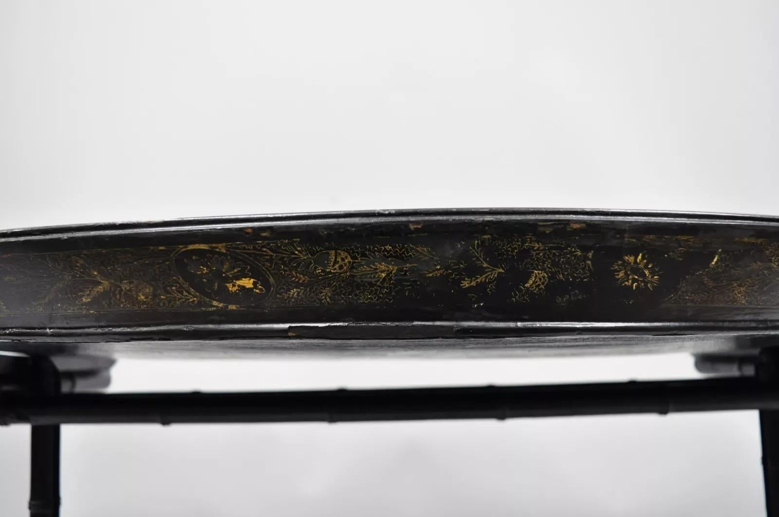 19th C. English Victorian Leather Tole Tray Coffee Table on Faux Bamboo Base For Sale 4