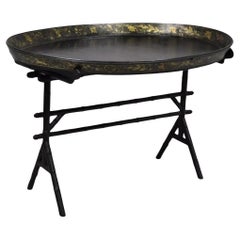 19th C. English Victorian Leather Tole Tray Coffee Table on Faux Bamboo Base