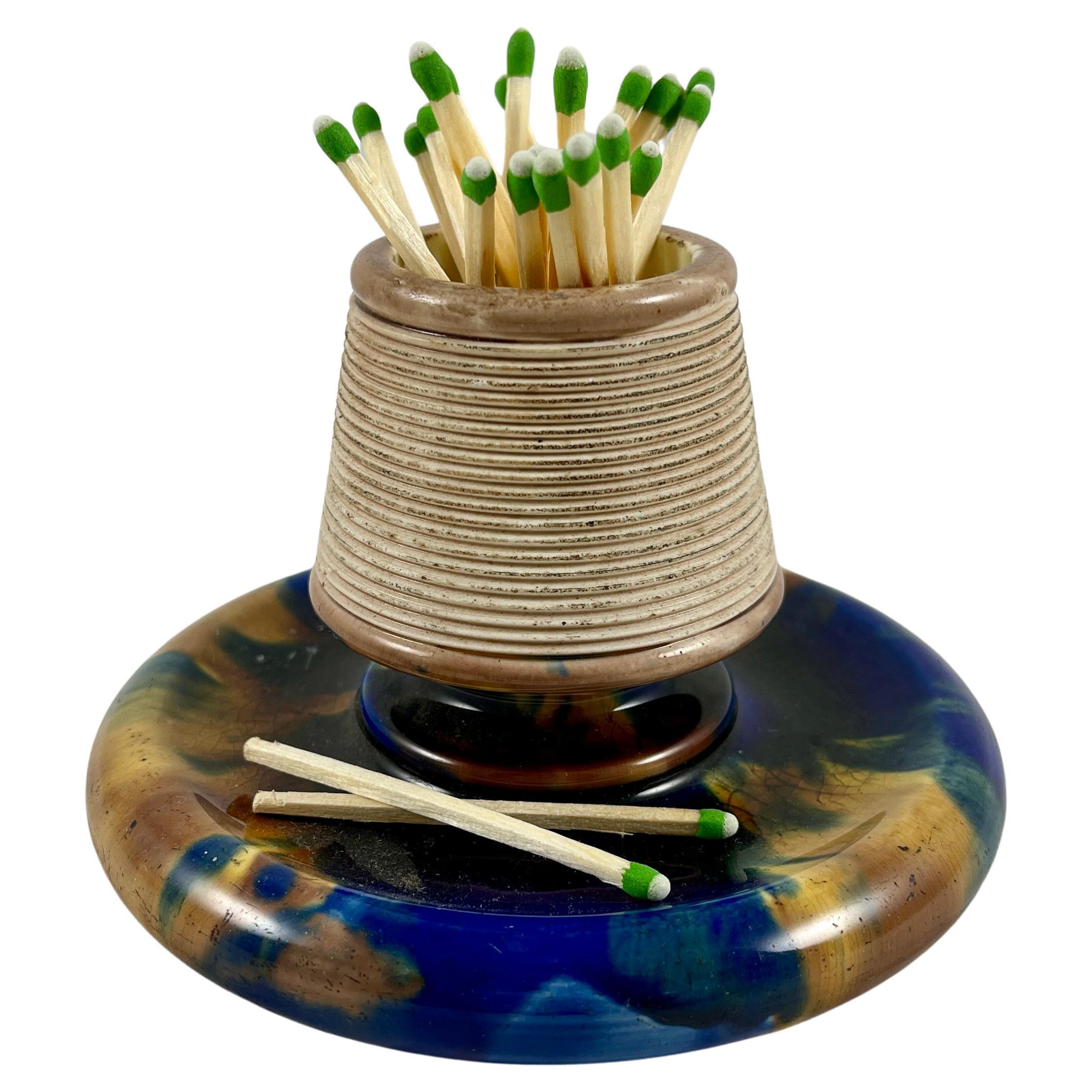 19th C. English Wedgwood Match Striker Blue Tortoiseshell Glaze with a Tan Rim