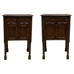 19th-C. English William And Mary Style Carved Oak Side Tables / Cabinets - Pair