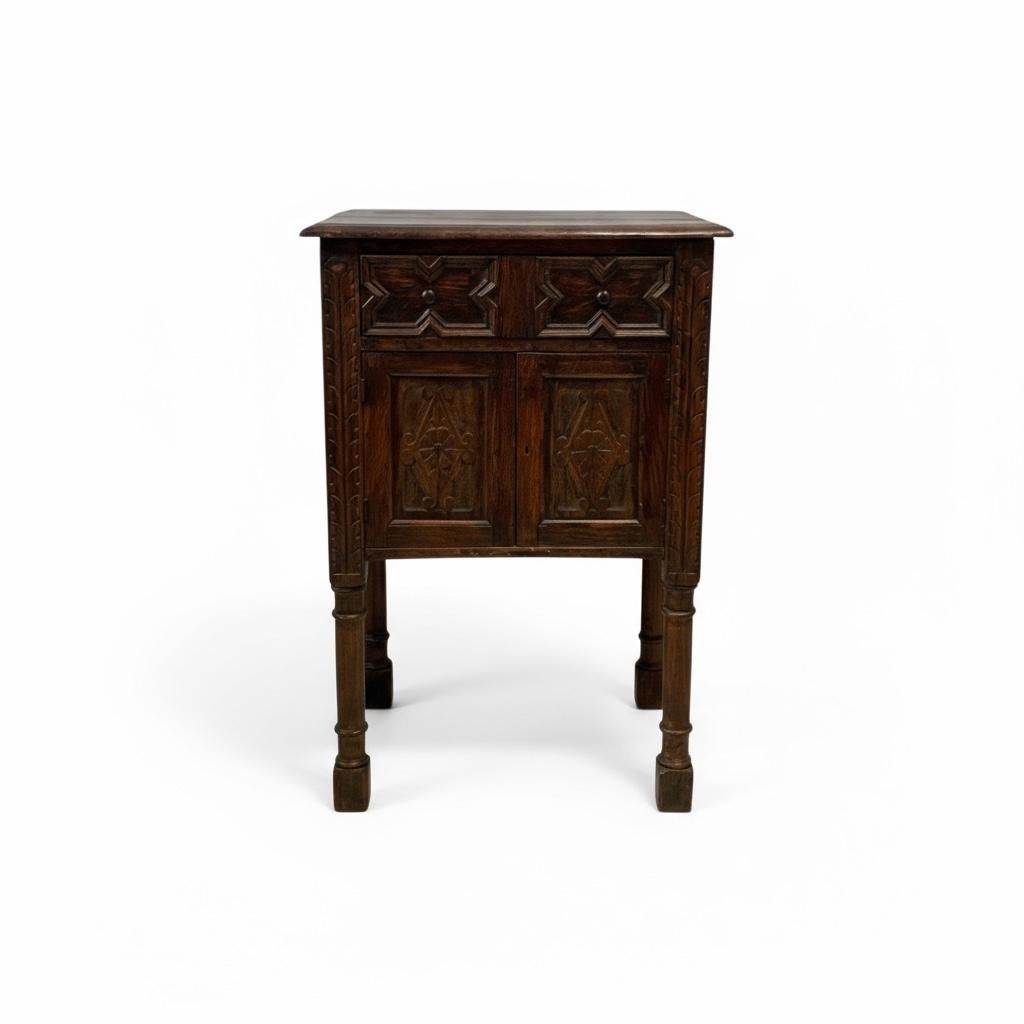 William and Mary 19th-C. English William And Mary Style Carved Oak Side Tables / Cabinets - Pair