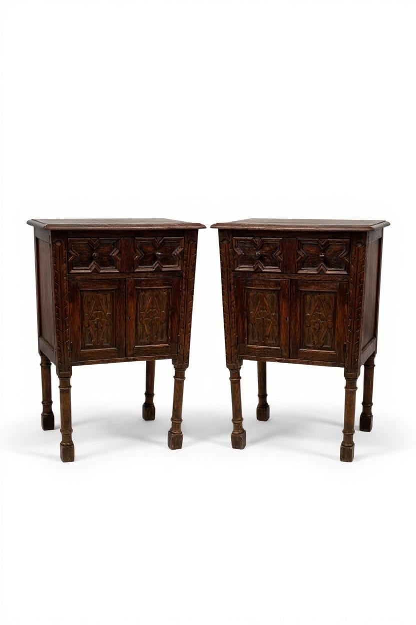 19th-C. English William And Mary Style Carved Oak Side Tables / Cabinets - Pair In Good Condition In Kennesaw, GA