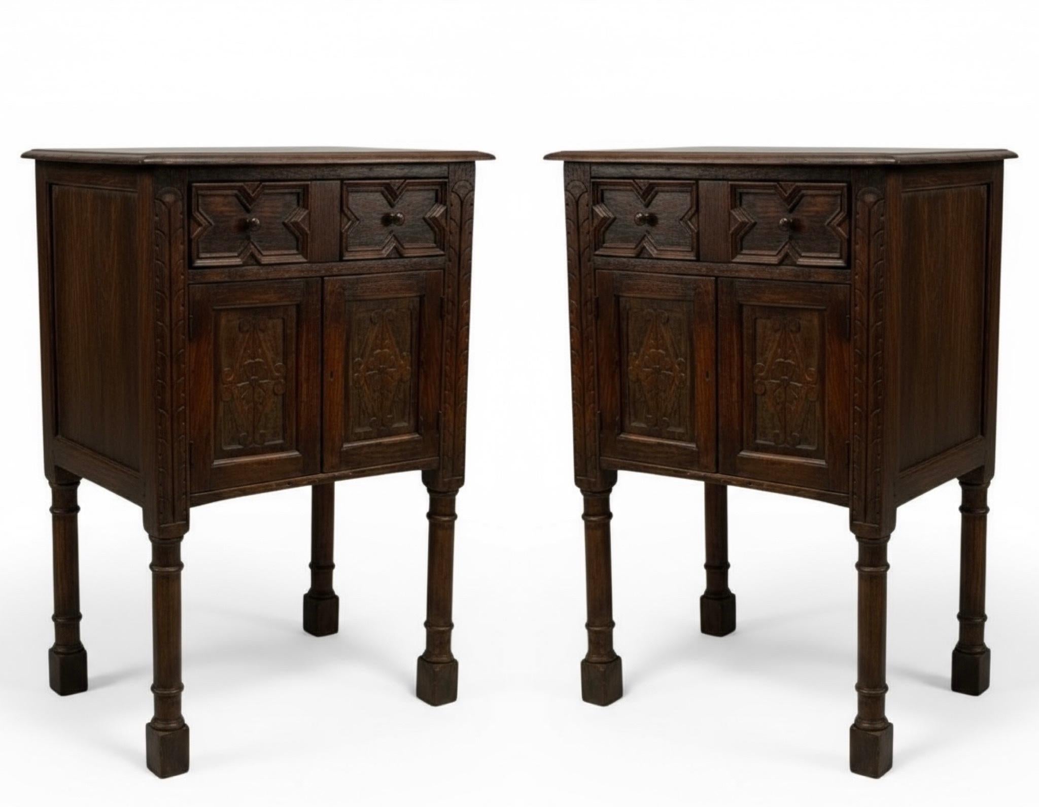 19th-C. English William And Mary Style Carved Oak Side Tables / Cabinets - Pair 1
