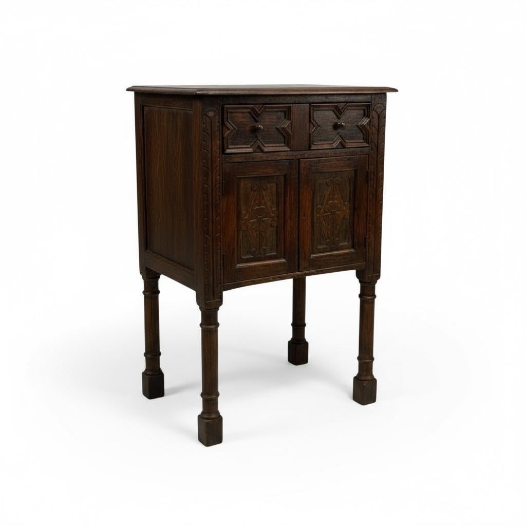 19th-C. English William And Mary Style Carved Oak Side Tables / Cabinets - Pair 2