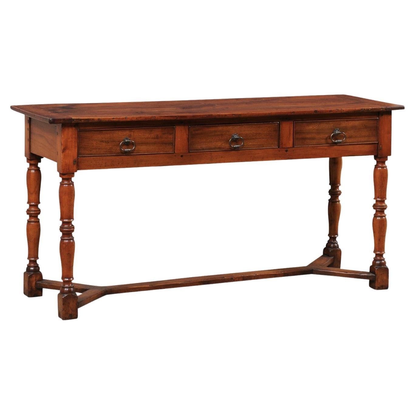 19th C. English Wooden Sofa or Console Table w/ 3 Drawers and Nicely Turned Legs