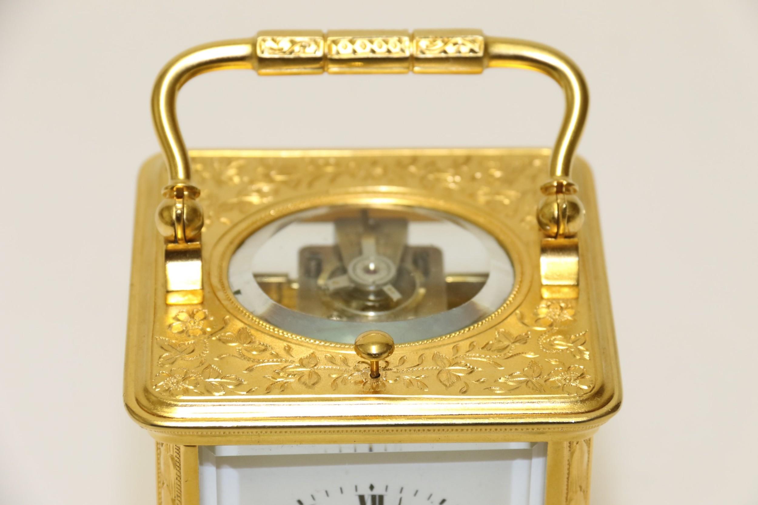 19th Century Engraved and Gilt 8 Day French Striking & Repeating Carriage Clock For Sale 6