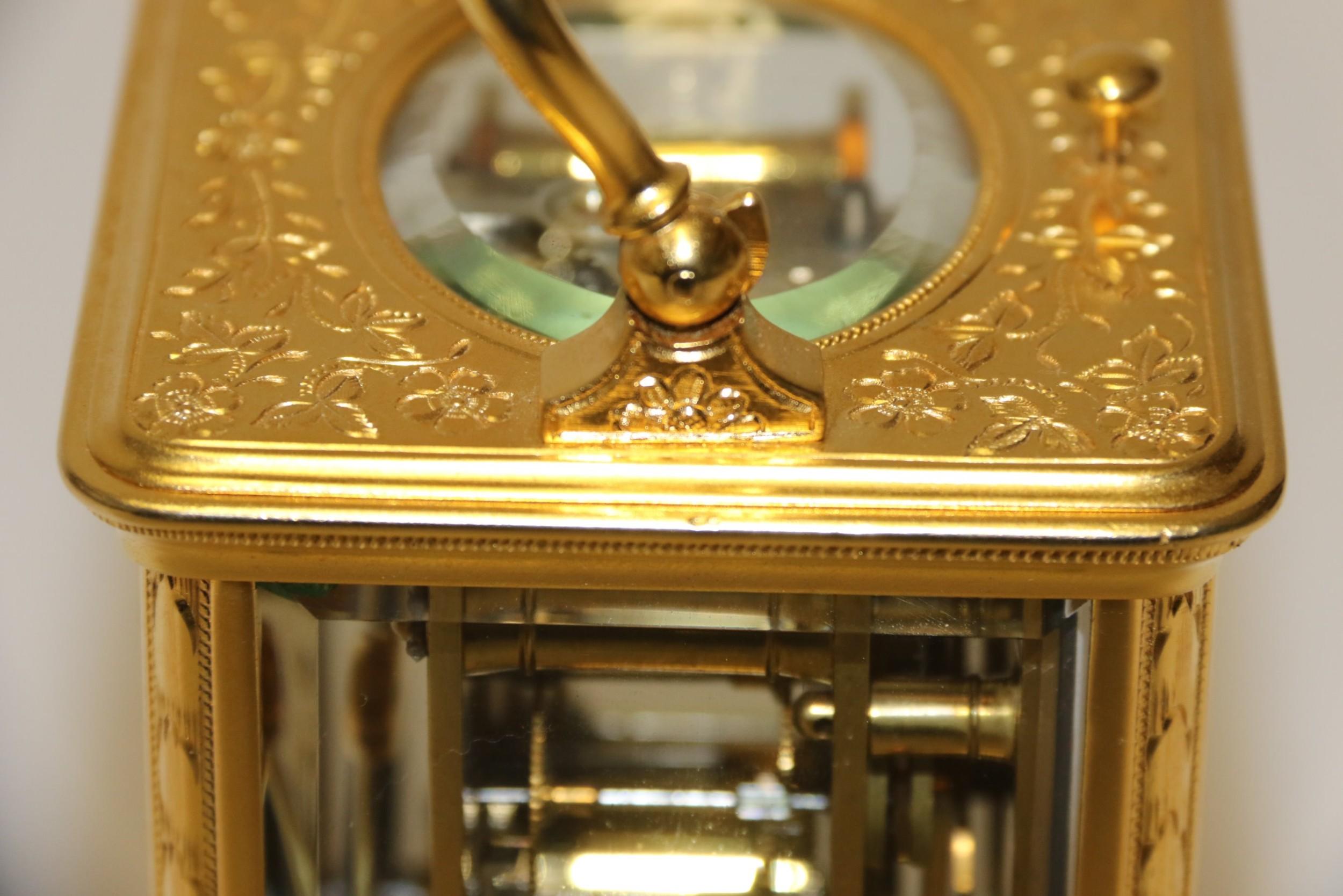 19th Century Engraved and Gilt 8 Day French Striking & Repeating Carriage Clock For Sale 9