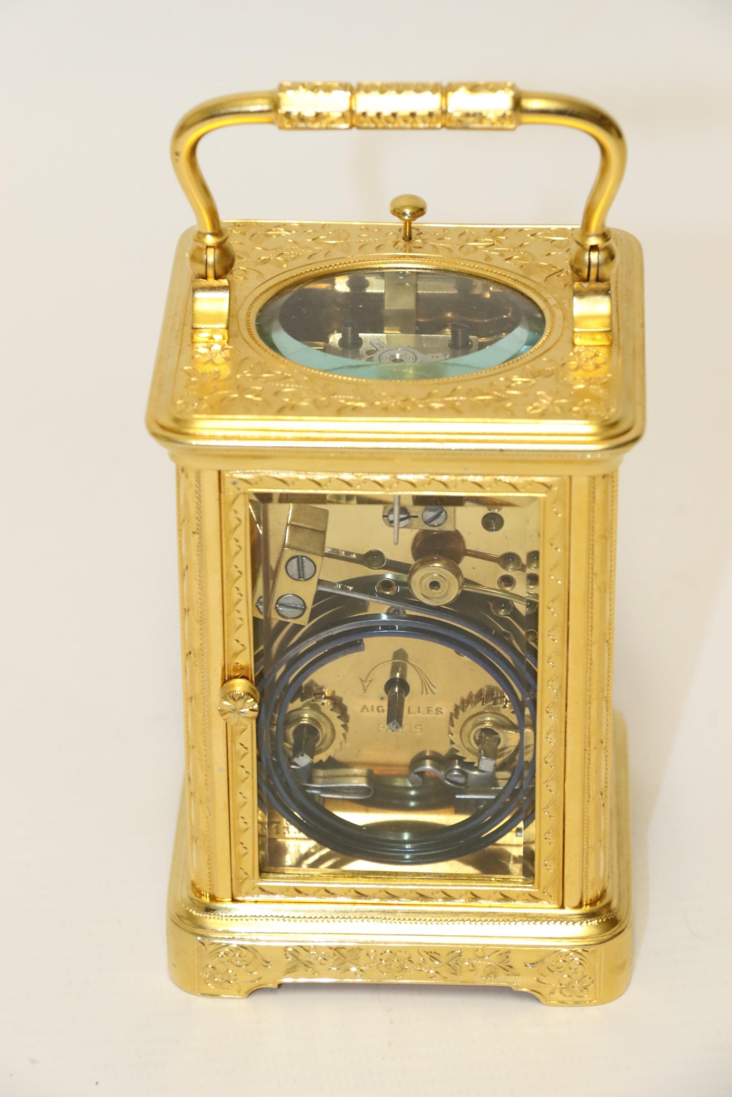 19th Century Engraved and Gilt 8 Day French Striking & Repeating Carriage Clock For Sale 2