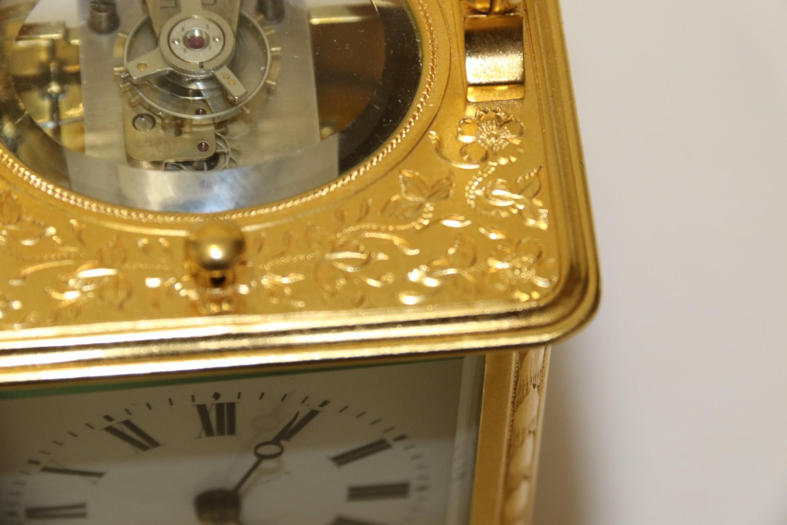 19th Century Engraved and Gilt 8 Day French Striking & Repeating Carriage Clock For Sale 4