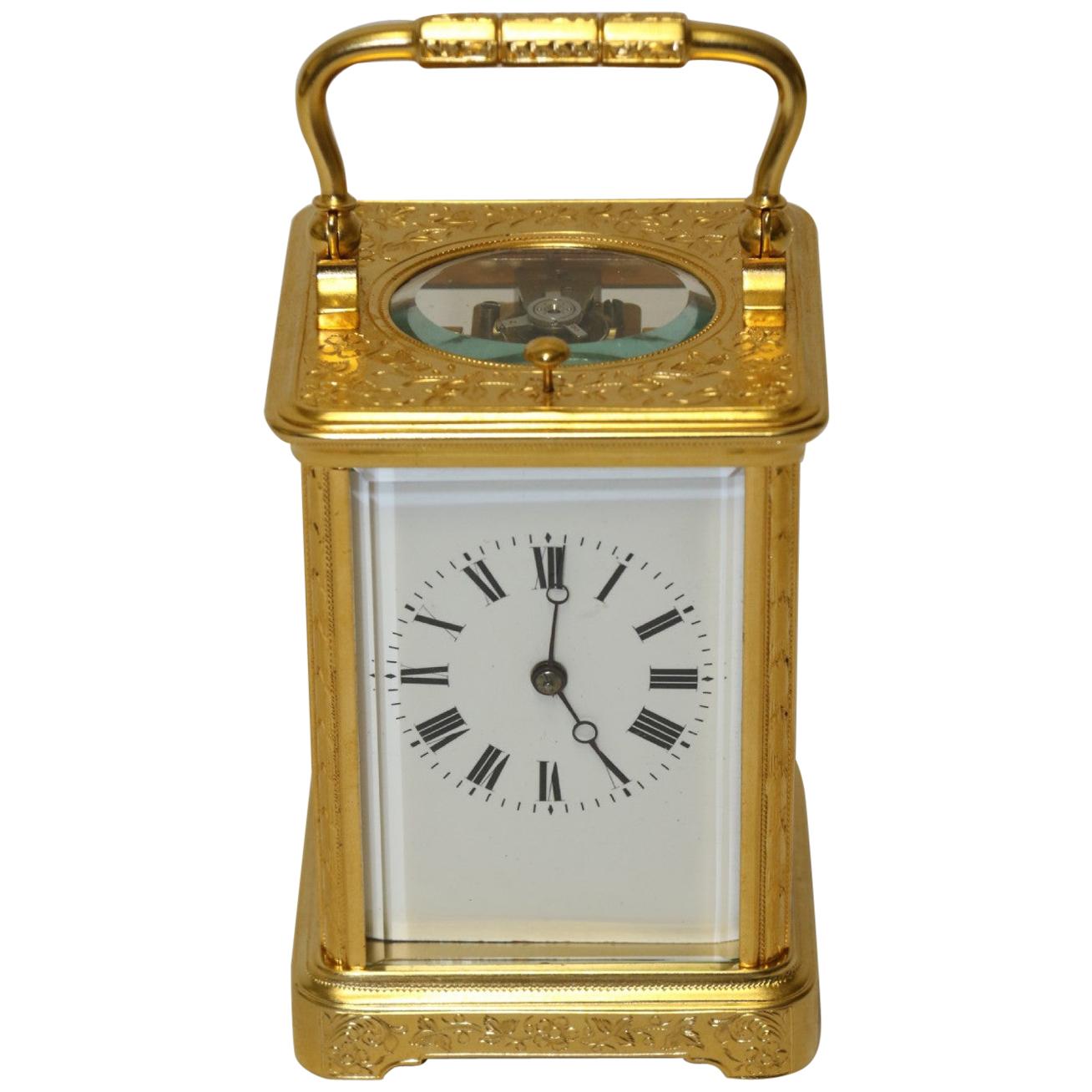 19th Century Engraved and Gilt 8 Day French Striking & Repeating Carriage Clock For Sale