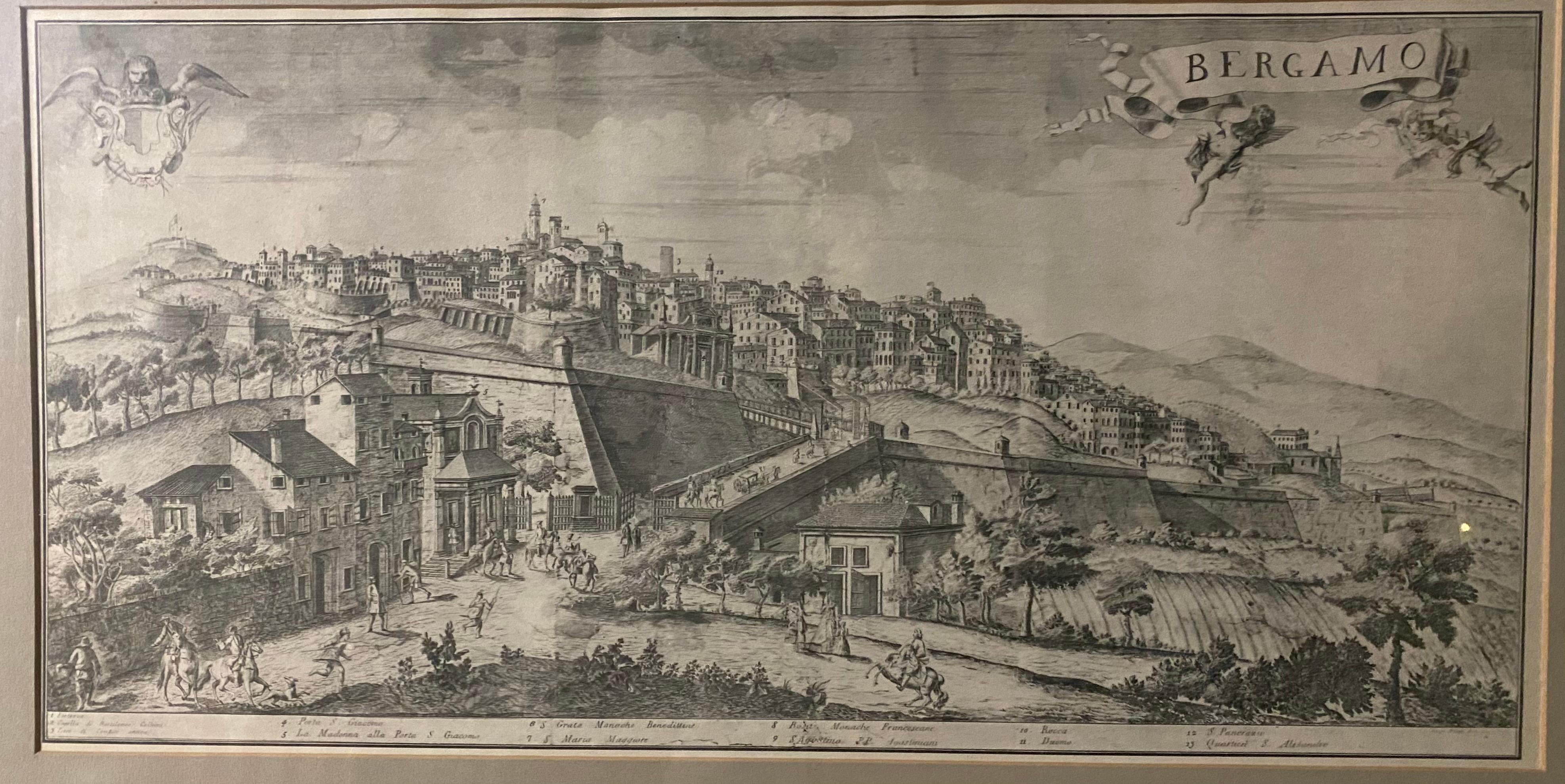 A fine engraving of the ancient City of Bergamo depicting its architecture and historical places of interest. Nicely matted and framed.
Search term: art, painting. lithograph.