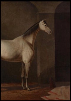 19th C. equestrian oil painting, White Stallion by Marsden from Bullard Estate