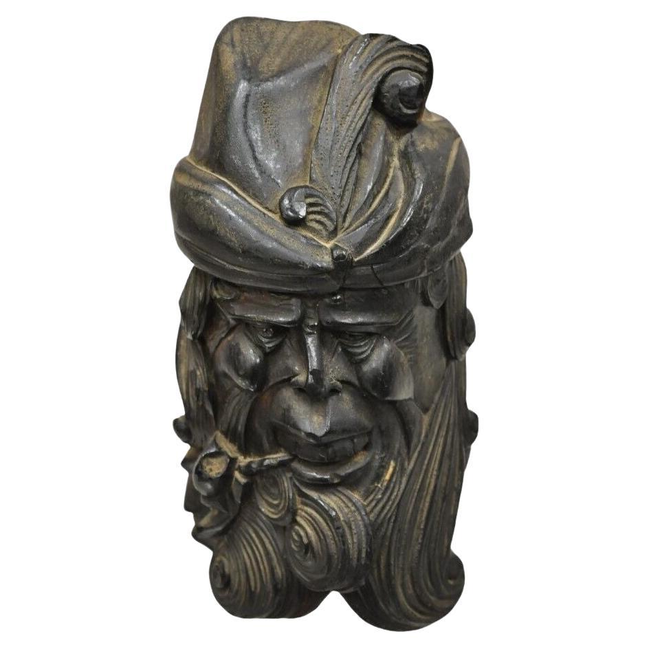 19th C European Black Forest Figural Wood Carved Bearded Man Lidded Tobacco Jar For Sale