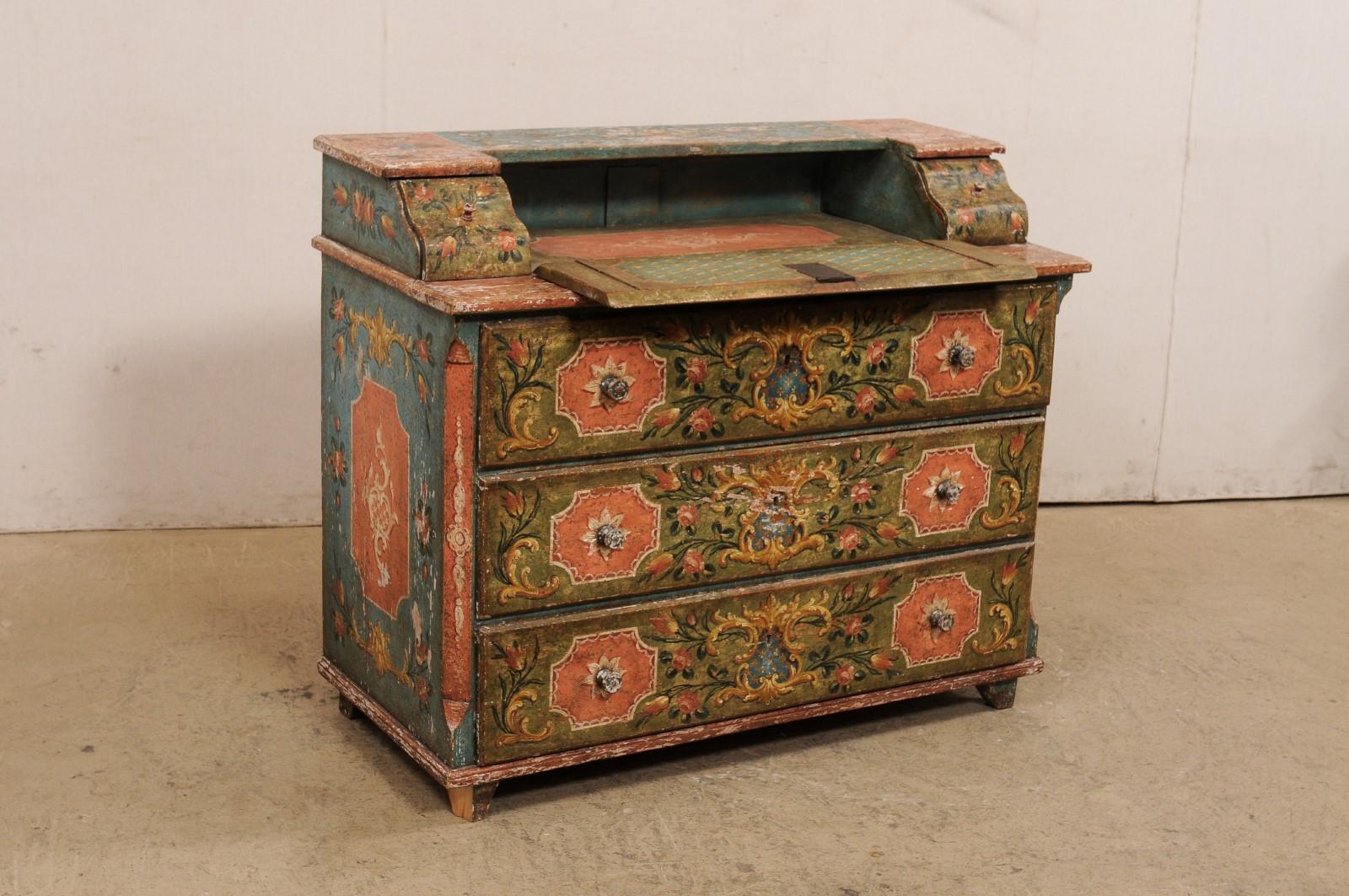 Wood 19th C. European Butler's Chest w/its Original Fabulously Hand-Painted Finish For Sale