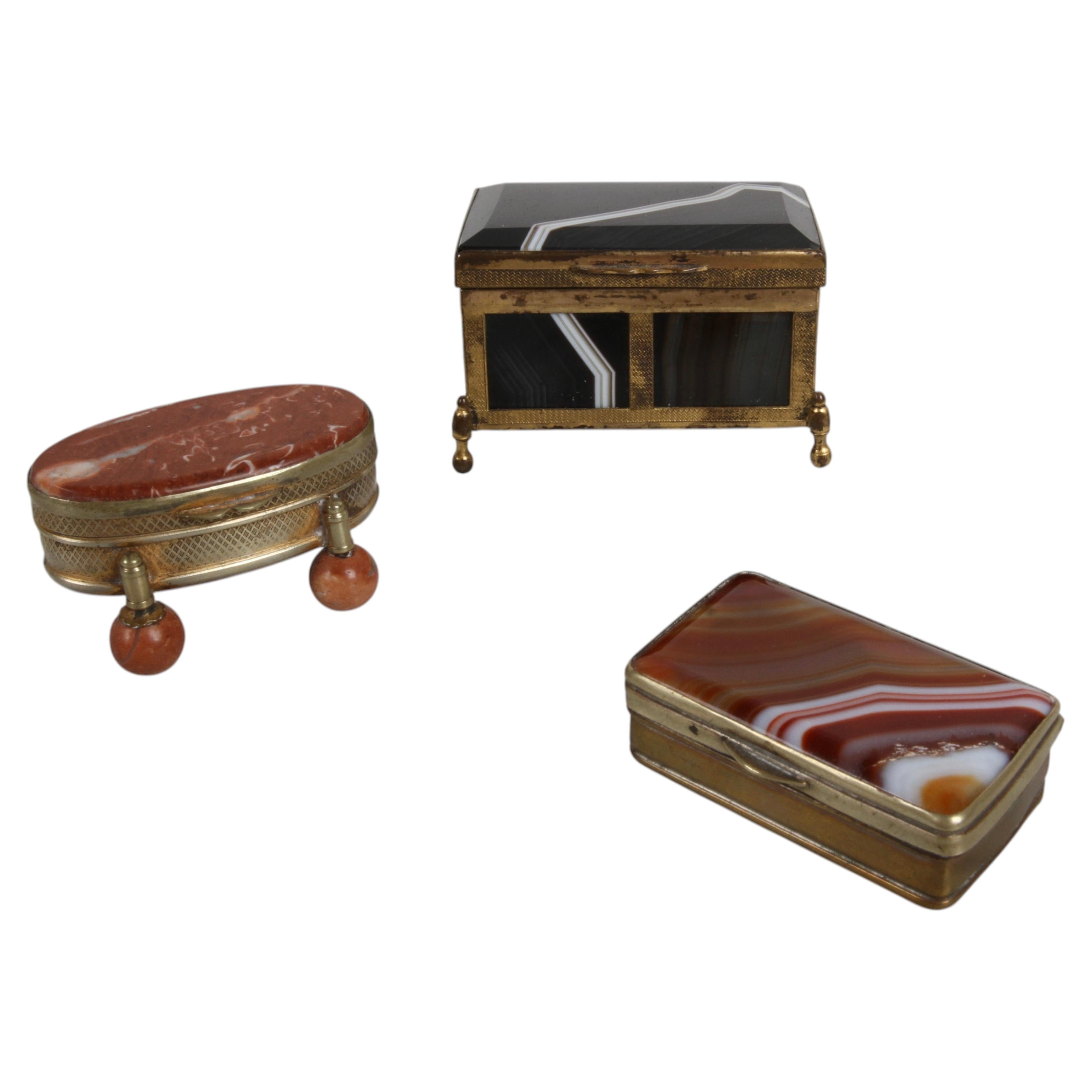 19th C. European Gilt Bronze, Banded Agate & Rouge Marble Boxes - Group of 3