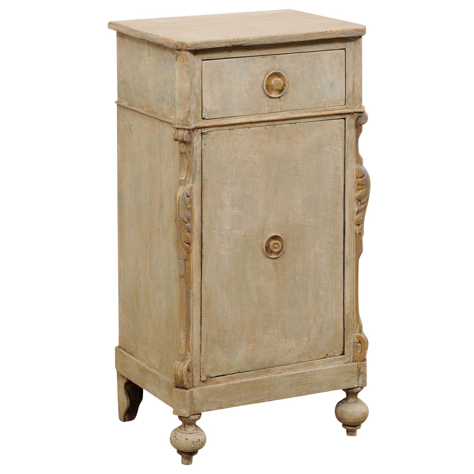 19th C. European Painted Wood Cabinet, Cute Petite Size!  Light Blue/Grey w/Gold