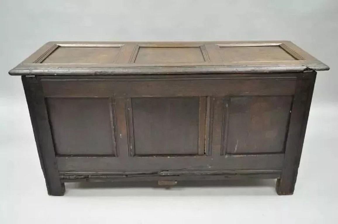 19th C. European Renaissance 3 Panel Solid Oak Wood Coffer Blanket Chest Trunk For Sale 5