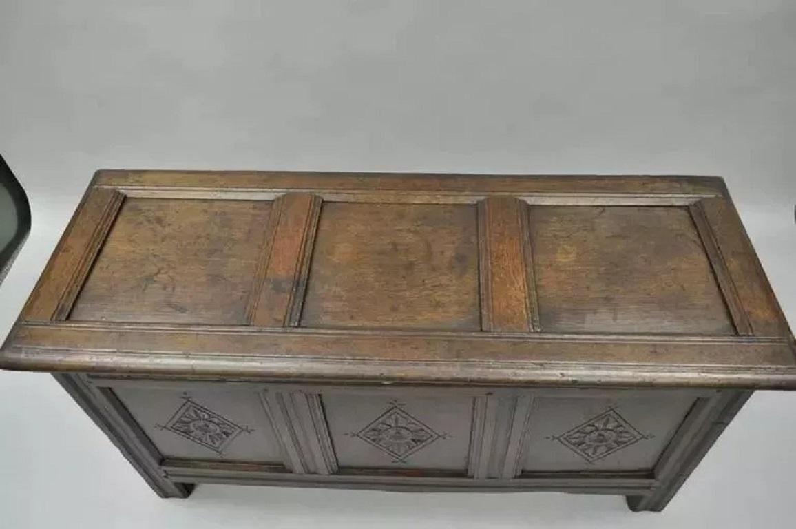 19th C. European Renaissance 3 Panel Solid Oak Wood Coffer Blanket Chest Trunk In Good Condition For Sale In Philadelphia, PA