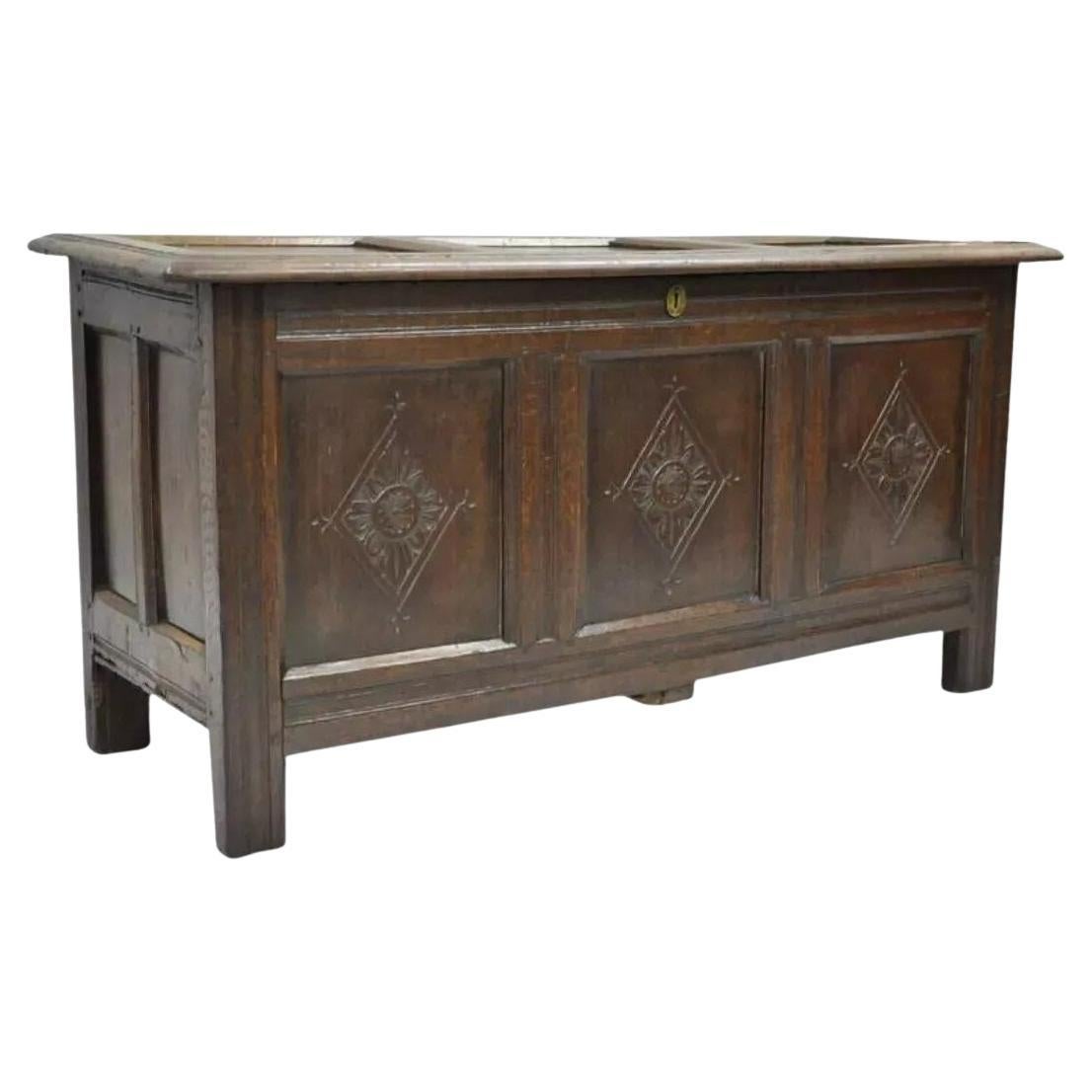 19th C. European Renaissance 3 Panel Solid Oak Wood Coffer Blanket Chest Trunk
