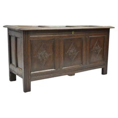 19th C. European Renaissance 3 Panel Solid Oak Wood Coffer Blanket Chest Trunk
