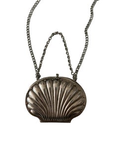 19th C. European Shell Form Silver Coin Purse with Silver-Tone Chain
