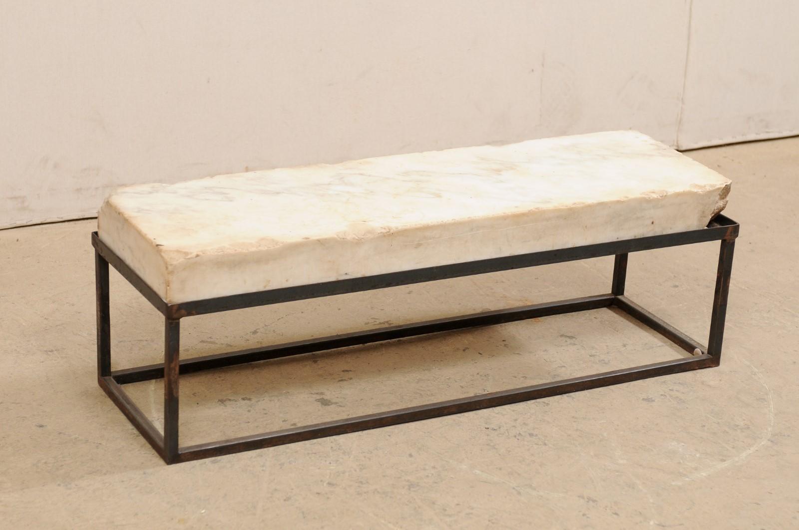 European Thick Marble Slab Top Coffee Table 'or Bench' with New Iron Base 1