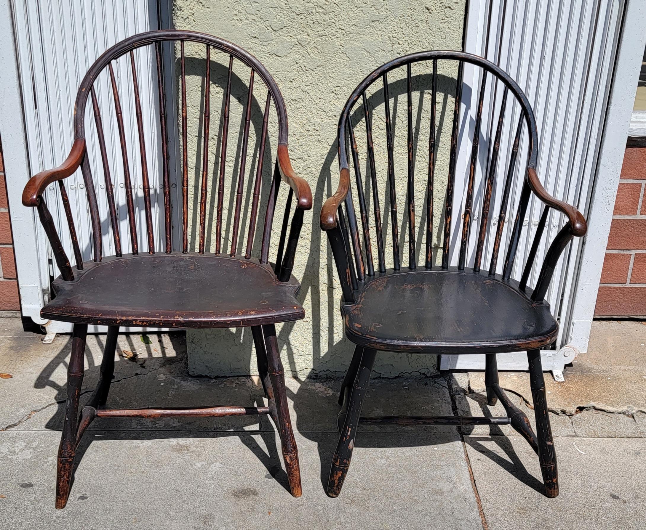 American Classical 19th C Extended Scroll Arm Windsor Arm Chairs. Set of Four
