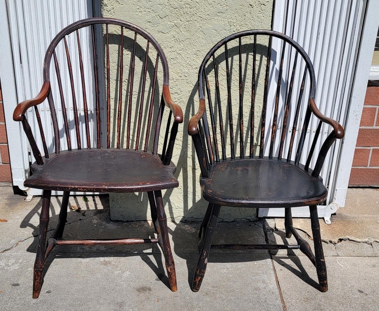 American Classical 19th C Extended Scroll Arm Windsor Arm Chairs. Set of Four For Sale