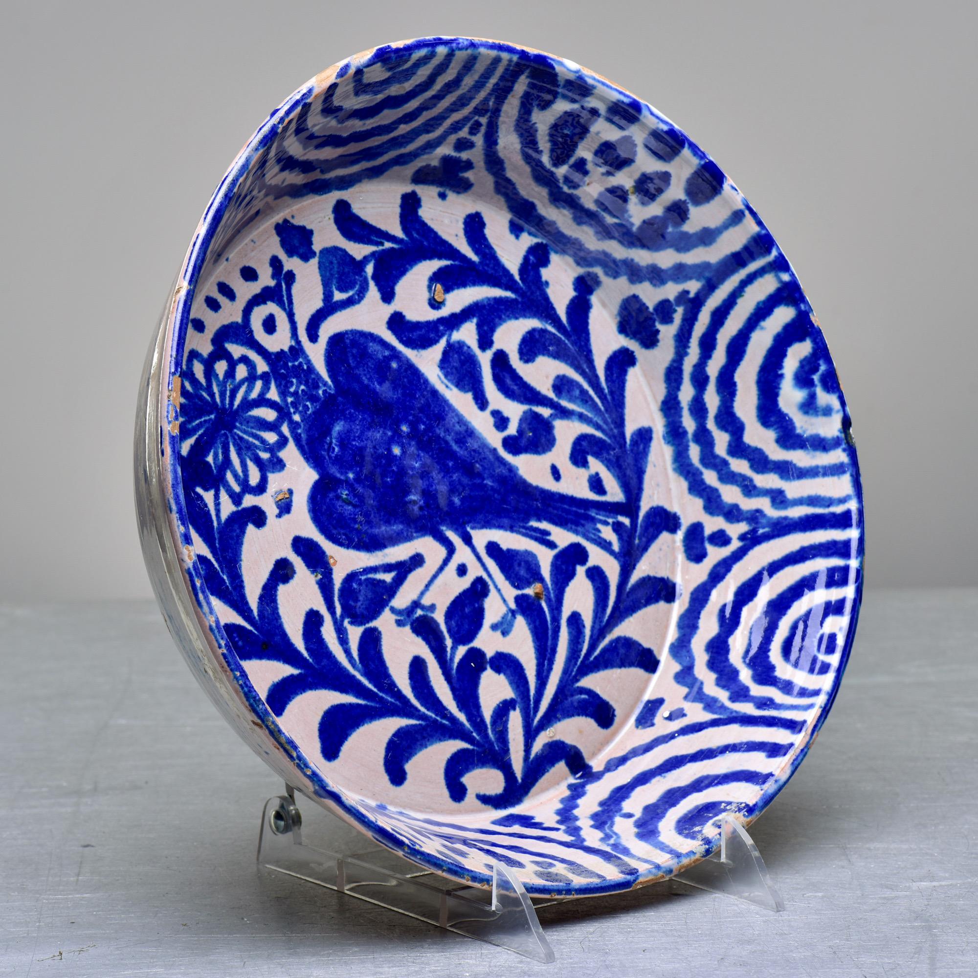 19th Century 19th C Fajalauza Blue White Spanish Glazed Terra Cotta Bowl with Crested Bird