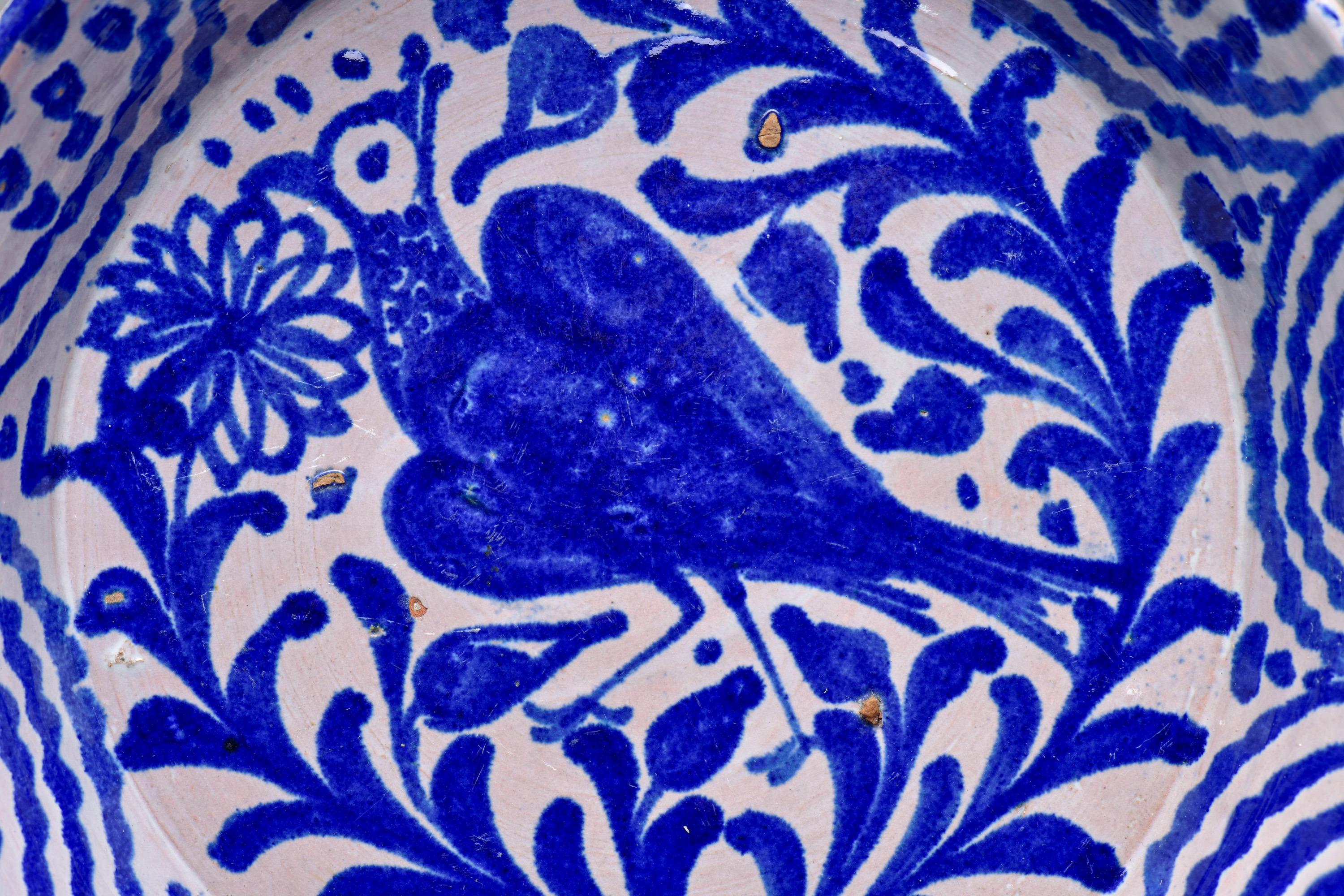 Ceramic 19th C Fajalauza Blue White Spanish Glazed Terra Cotta Bowl with Crested Bird