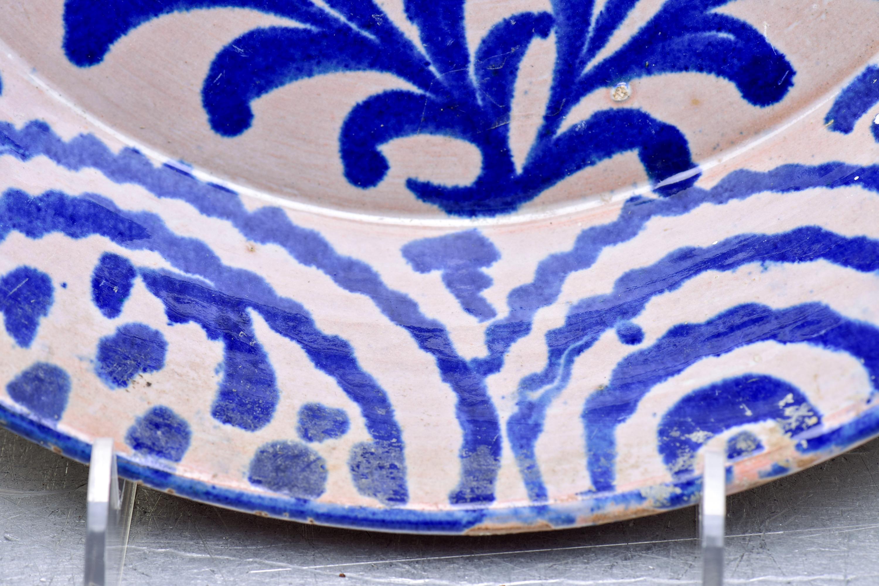 19th C Fajalauza Blue White Spanish Glazed Terra Cotta Bowl with Crested Bird 1
