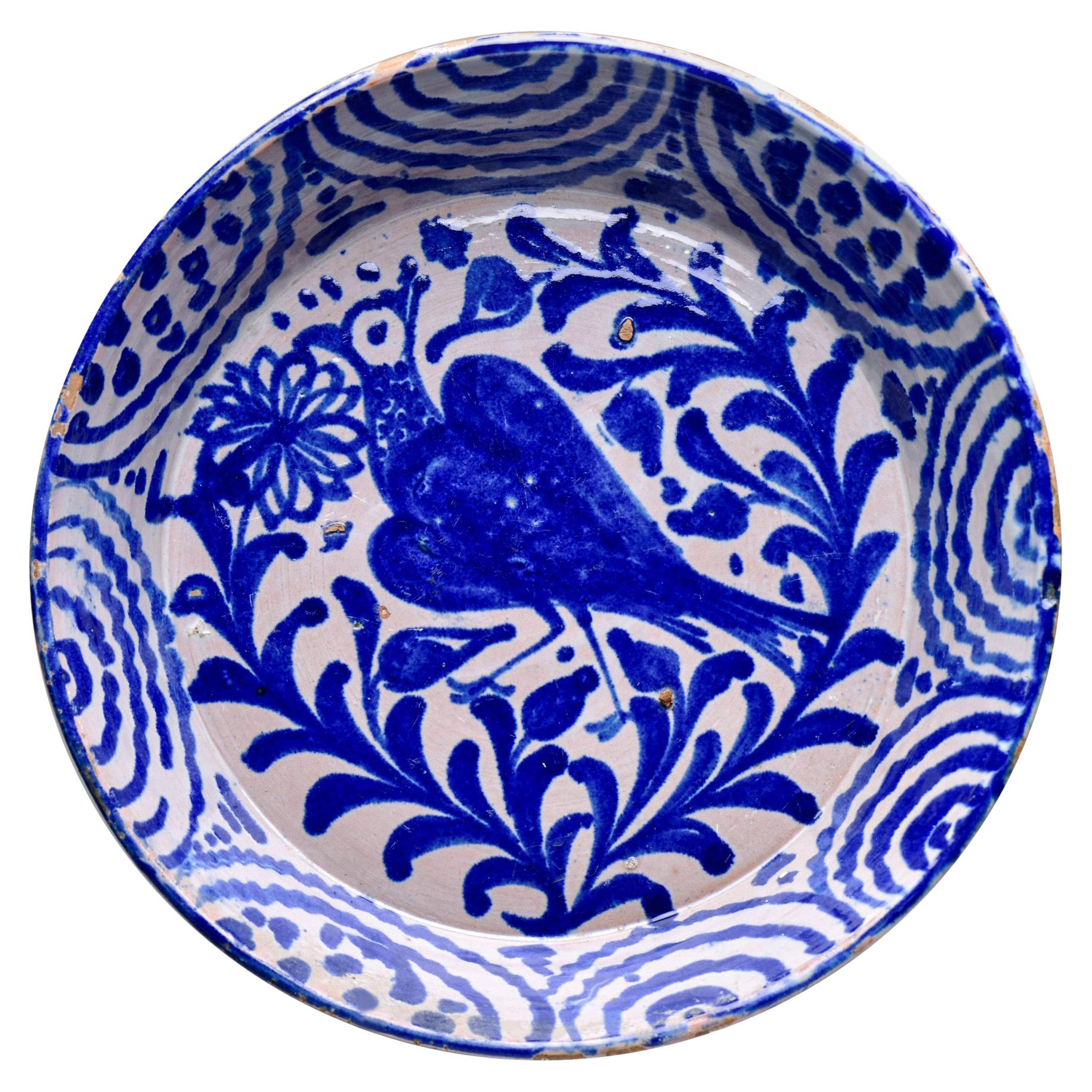 19th C Fajalauza Blue White Spanish Glazed Terra Cotta Bowl with Crested Bird