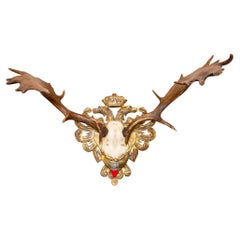Antique 19th C Fallow Deer Trophy from Emperor Franz Josef of Austria on Gilt Plaque