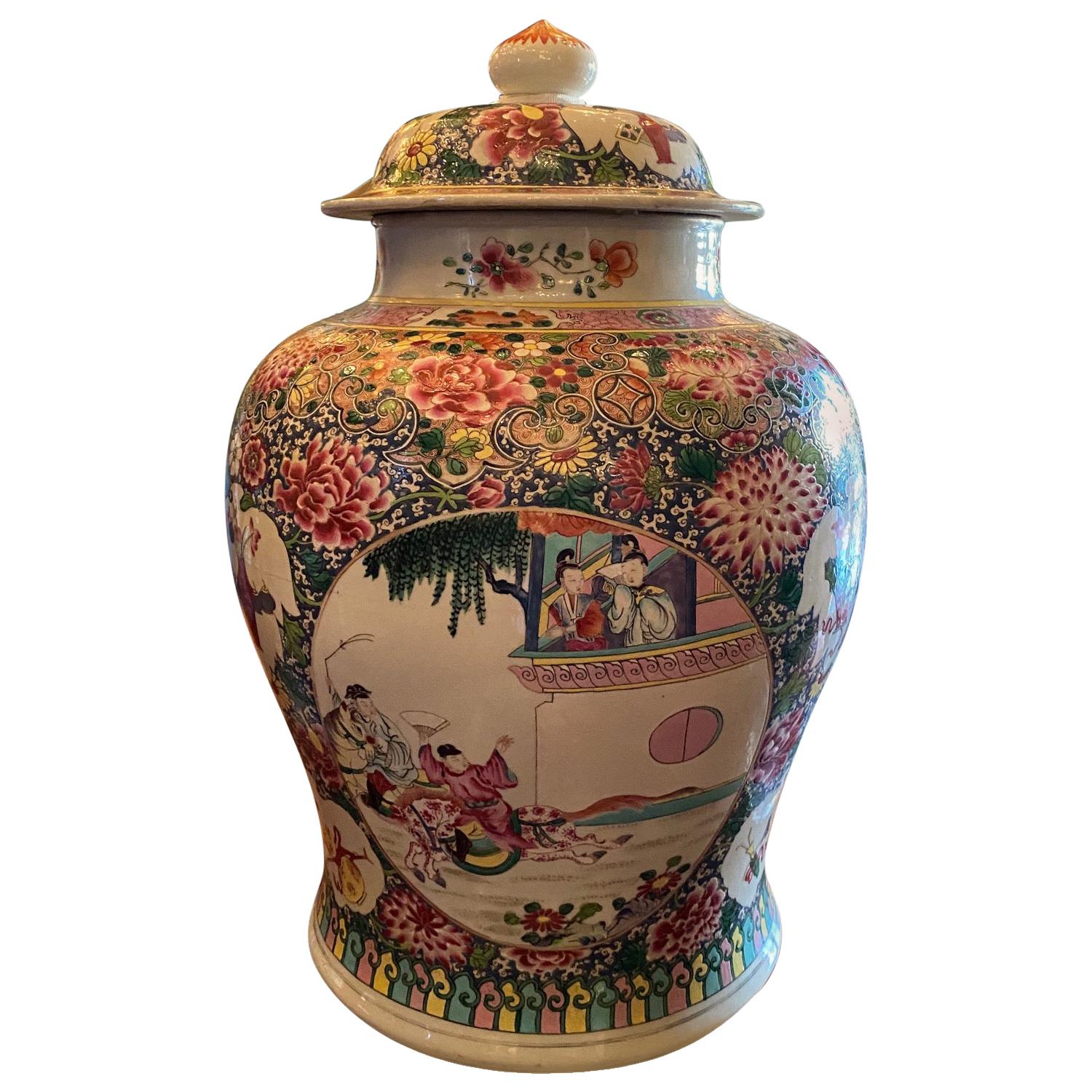 Famille Rose Chinoiserie Lidded Jar vase Antique dealer Los Angeles CA