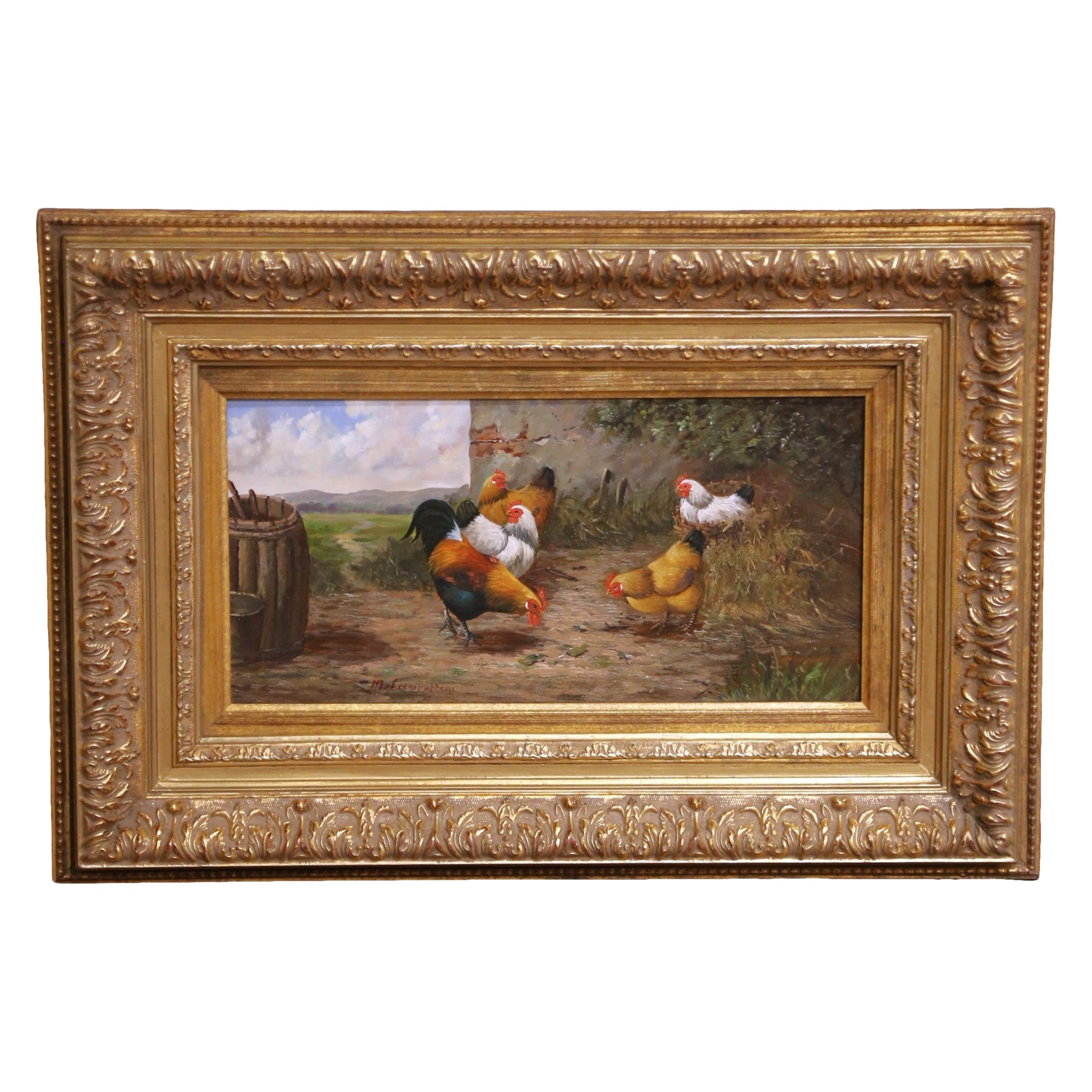 19. Jh. Bauernhofszene mit Hühnern Gemälde signiert Cornelius Van Leemputten im Angebot