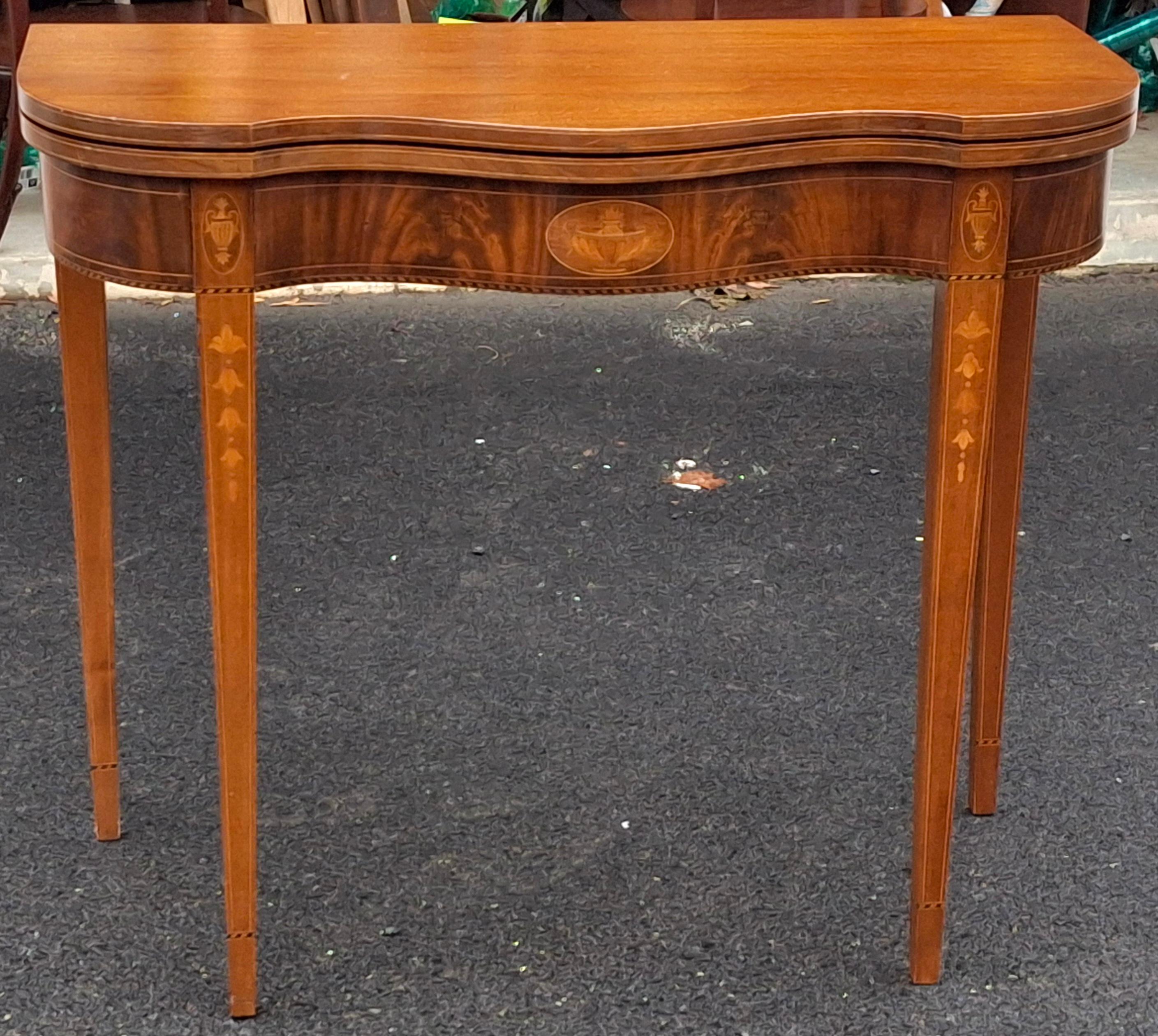 Inlay 19th C. Federal Style Satinwood Inlaid Mahogany Fold Top Card or Console Table For Sale