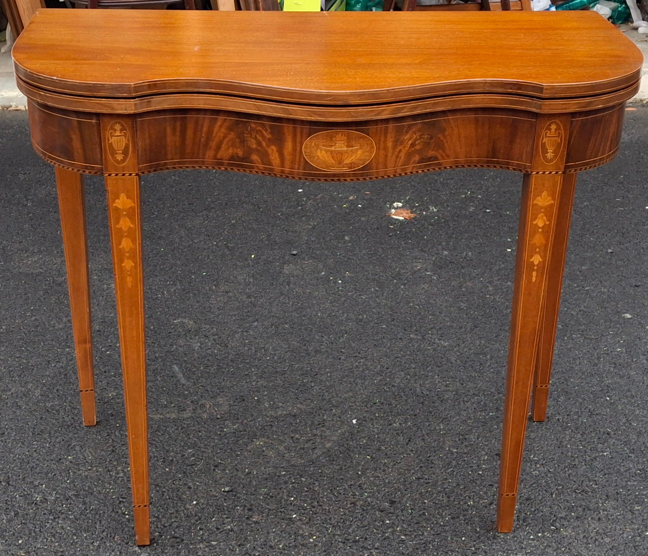 19th C. Federal Style Satinwood Inlaid Mahogany Fold Top Card or Console Table For Sale 1