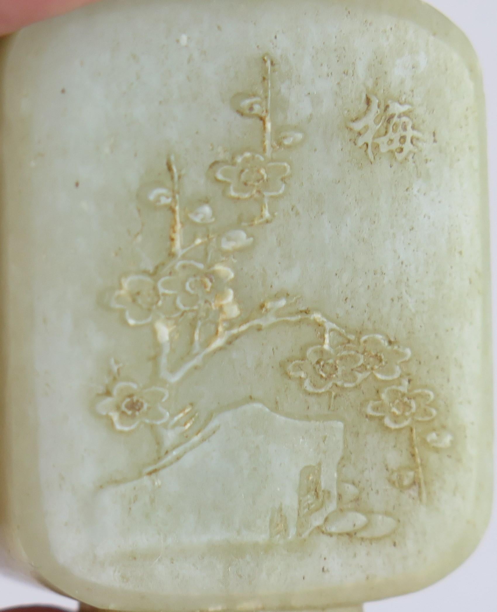 19. C Feine chinesische Schnupftabakflasche Celadon Nephrit Stein Hand geschnitzt & Löffel oben im Angebot 6